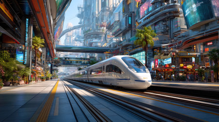 A vibrant and futuristic cityscape featuring a high-speed train speeding through an urban environment adorned with modern architecture and palm trees.の素材