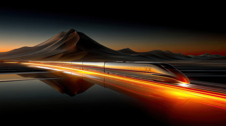 A high-speed train glides across a tranquil landscape at dusk, illuminated by vibrant light trails, with a majestic mountain reflected in still waters.の素材