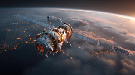 A stunning aerial view of a futuristic spacecraft orbiting Earth during twilight, with city lights glowing below amidst clouds, symbolizing technological advancement.の素材