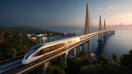 A sleek high-speed train travels over a stunning suspension bridge at sunset, showcasing the harmony between modern transportation and breathtaking natural scenery.の素材