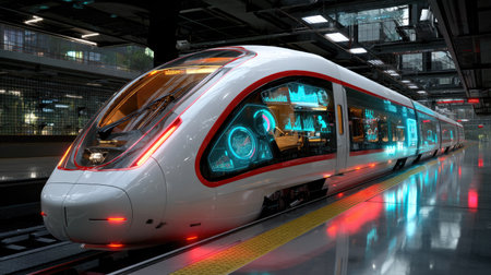 This image showcases a futuristic high-speed train featuring a sleek design and advanced interior with striking neon accents, set in a modern transportation hub.の素材