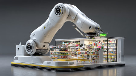 This image showcases an advanced robotic arm in a futuristic grocery store setting, highlighting the integration of automation in retail environments.の素材