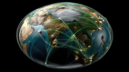 This 3D visualization showcases the intricate global network of connections, displaying how data and communication link various continents.の素材