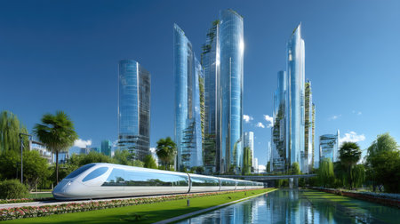 A sleek, futuristic high-speed train glides through a lush urban landscape filled with stunning glass skyscrapers, showcasing modern architecture and sustainable design.の素材