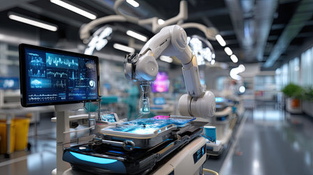 A cutting-edge robotic arm operates in a high-tech medical laboratory, showcasing automation in healthcare and precision in various scientific tasks.の素材