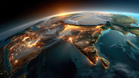 This stunning image captures a nighttime view of Asia, showcasing illuminated cities and diverse landscapes, set against the vastness of space.の素材