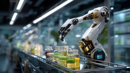 This image showcases a high-tech robotic arm in a modern laboratory setting, meticulously handling glass containers filled with vibrant substances, signifying advanced automation in scientific research.の素材