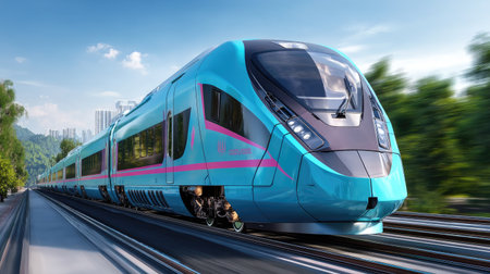 A sleek high-speed train in vibrant blue and pink hues glides through a picturesque landscape, embodying modern travel and technological advancement.の素材