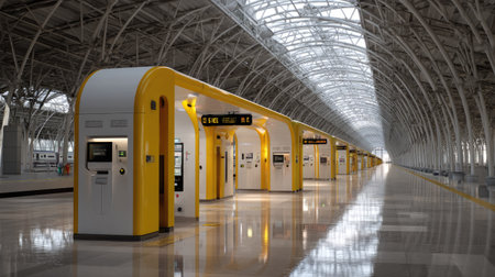 A spacious modern train station interior featuring bright yellow and white design elements, showcasing contemporary architecture and a clean environment.の素材
