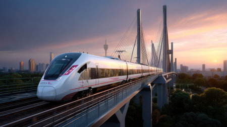 A stunning high-speed train travels over a contemporary bridge, framed by a colorful sunset and a bustling city skyline. Perfect for travel themes.の素材