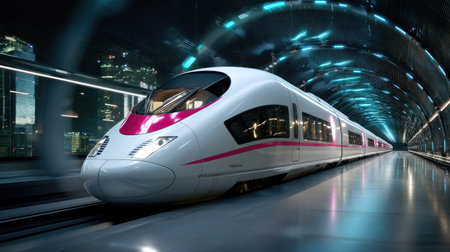 A sleek high-speed train arrives at a modern urban station, showcasing innovative design and dynamic lighting, highlighting the future of transportation.の素材