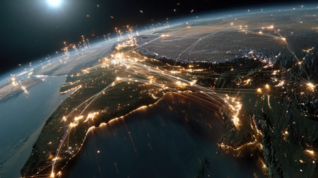 A captivating satellite image showcasing Earth at night, highlighting the vibrant lights of cities, interconnected networks, and stunning landscapes.の素材