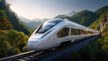 A sleek high-speed train glides through a breathtaking mountainous landscape at dawn, embodying the fusion of modern technology and nature's beauty.の素材