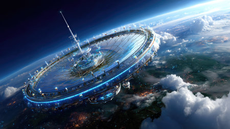 A stunning portrayal of a futuristic space station orbiting Earth, showcasing bright lights and intricate designs against a backdrop of clouds.の素材