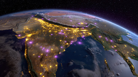 This captivating aerial view showcases northern India and its surrounding regions illuminated by city lights at night, highlighting geographic beauty.の素材