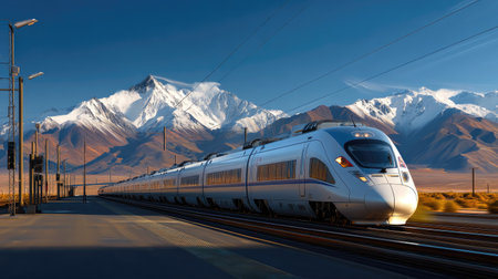 A high-speed train glides along railway tracks, surrounded by majestic snow-capped mountains and bathed in bright daylight, showcasing modern transportation.の素材