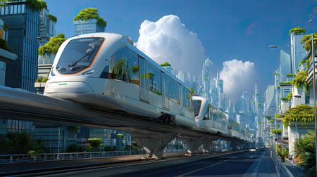 Immerse yourself in a vibrant futuristic city where elevated trains glide through a lush green landscape, showcasing modern architecture and innovative design.の素材