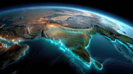 This breathtaking image captures the stunning view of Earth from space, showcasing vibrant night lights and a radiant oceanic glow, highlighting the beauty of our planet.の素材