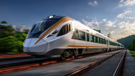 A striking high-speed train glides through a picturesque setting, highlighting the blend of modern technology and nature, perfect for travel enthusiasts.の素材