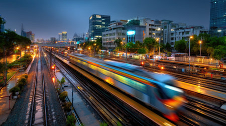 A captivating night scene showcasing a train speeding through an urban station with a vibrant city skyline in the background. This dynamic image highlights modern transportation amidst glowing city lights.の素材