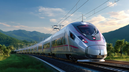A contemporary high-speed train races through a picturesque landscape, showcasing advanced technology against stunning mountains and a clear sky.の素材