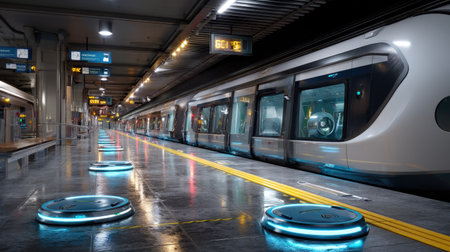 A stunning view of a futuristic subway station showcasing a sleek train on the platform with illuminated signage and modern architecture.の素材