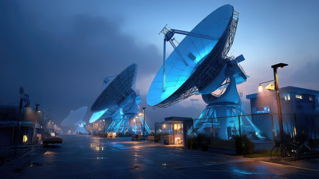 A striking scene of large satellite dishes glowing in blue light amidst a foggy night landscape, showcasing advanced technology and communication infrastructure.の素材
