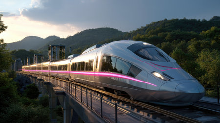 A modern high-speed train elegantly crosses a bridge against a backdrop of lush mountains and a vibrant sunset sky, symbolizing innovation in travel.の素材