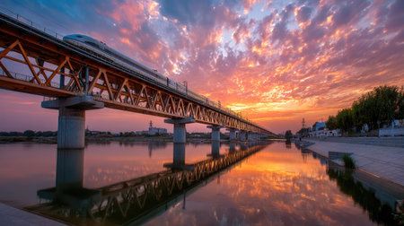 Stunning view of a train on a bridge during sunset. The vibrant colors of the sky reflect beautifully in the calm waters below, creating a serene atmosphere.の素材