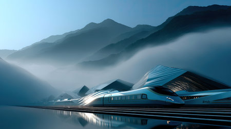 This stunning image showcases a high-speed train against a misty mountainous backdrop, highlighting modern architecture and serene reflections.の素材