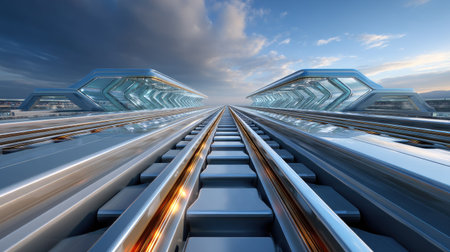 Explore an imaginative view of a futuristic railway system featuring sleek tracks and a modern station design beneath a dramatic sky.の素材