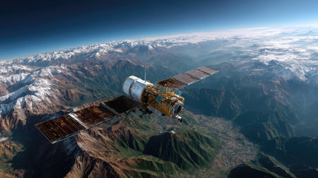 A stunning satellite orbits majestically above snow-capped mountains, capturing the breathtaking beauty of nature contrasted against a clear blue sky.の素材