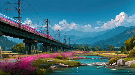 A captivating scene featuring a train gliding over a bridge, surrounded by vibrant flowers and a serene river under a bright sky, ideal for travel enthusiasts.の素材