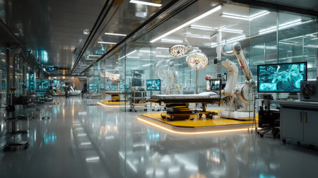 This image features a cutting-edge surgical operating room equipped with advanced medical technology, designed for optimal patient care and efficiency.の素材