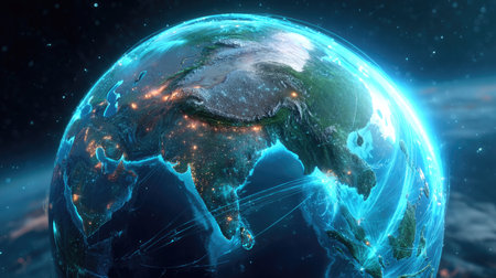 This captivating digital image of Earth showcases a vibrant globe illuminated by cosmic light, emphasizing connectivity and modern technology against a stunning cosmic backdrop.の素材