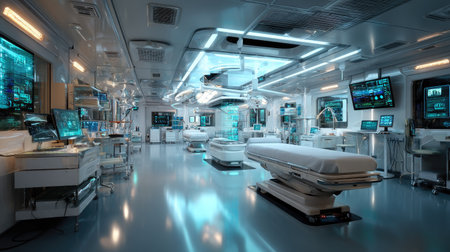 Explore a futuristic medical facility designed for advanced healthcare with state-of-the-art technology, sleek interiors, and innovative patient care solutions.の素材