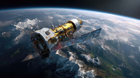 Stunning visual of a satellite in orbit around Earth, capturing the interaction of technology and nature against a backdrop of mountains and clouds.の素材