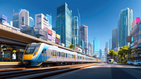 A vibrant city scene featuring a modern urban train station with sleek design, surrounded by high-rise buildings under a clear blue sky.の素材