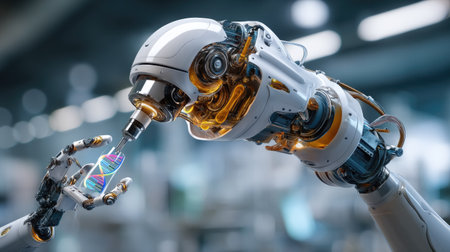 A robotic arm delicately holds a vibrant DNA strand, illustrating the intersection of technology and biology in a high-tech laboratory setting.の素材