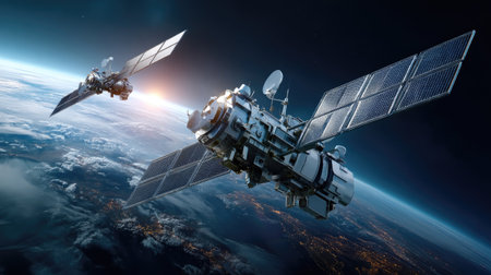 Stunning depiction of two advanced communication satellites in orbit around Earth, showcasing solar panels and cutting-edge technology against a glowing sunset sky.の素材