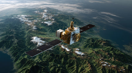 A detailed view of a satellite orbiting above stunning mountainous landscapes, showcasing the beauty of nature and human ingenuity in technology and exploration.の素材