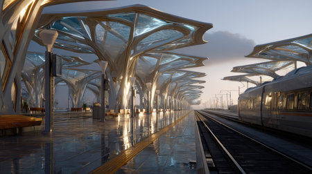 This image captures a stunning modern train station at dawn, showcasing unique architectural features and beautiful reflections on the wet surfaces, ideal for travel themes.の素材