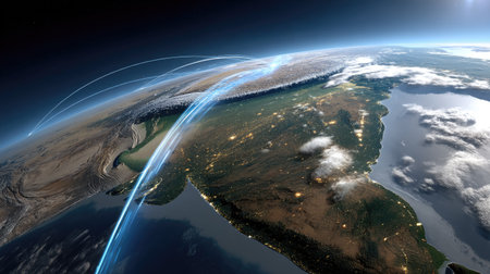 A stunning view of Earth from space, highlighting bright city lights and glowing lines symbolizing connections across the globe in a breathtaking cosmic environment.の素材