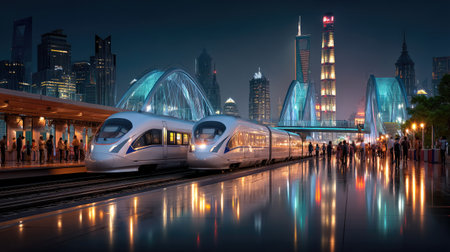 A stunning view of high-speed trains stationed at an urban platform, showcasing a vibrant city skyline illuminated at night with reflections in nearby water.の素材