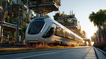 A sleek, modern high-speed train glides through a vibrant urban landscape at sunrise, surrounded by lush greenery and striking architectural designs, offering a glimpse into a sustainable future of transportation.の素材