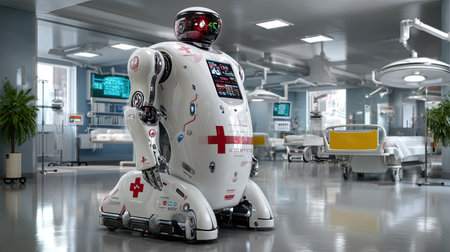 A futuristic healthcare robot stands in a modern medical environment, showcasing advanced technology designed for patient care and support.の素材