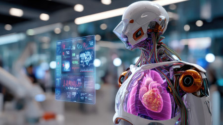 A striking image of a futuristic robot with a transparent body revealing its heart, set against a dynamic digital interface in a modern tech environment.の素材