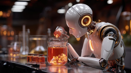 A futuristic robot carefully conducts a scientific experiment in an advanced laboratory, showcasing technology and automation with vibrant liquids in glass jars.の素材