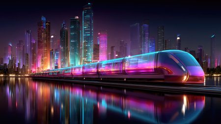 A sleek futuristic train glides through a neon-lit cityscape at night, showcasing towering skyscrapers and vibrant reflections in the water, embodying modern travel and innovation.の素材