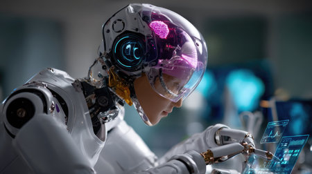 A humanoid robot engages with a holographic display in a high-tech laboratory, emphasizing the synergy between artificial intelligence and innovative design.の素材